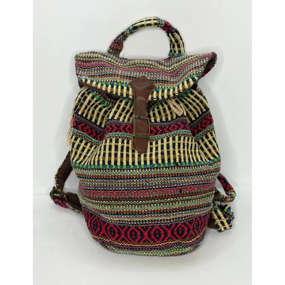 Boho Woven Tapestry Backpack Multi Color Geometric Drawstring Rucksack Festival
